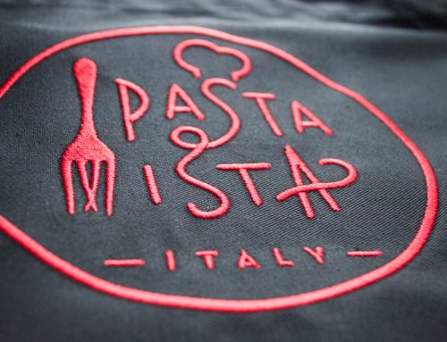 Embroidery on aprons for Pasta Mista in London